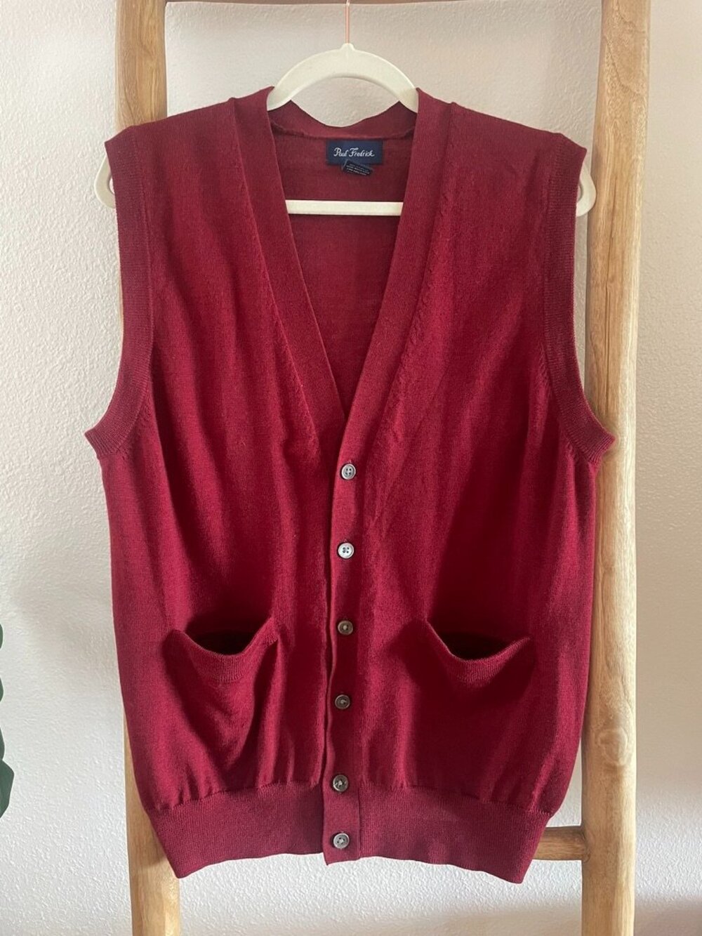 Paul Fredrick Button Up Merino Wool Deep Red Sweater Vest with front pockets